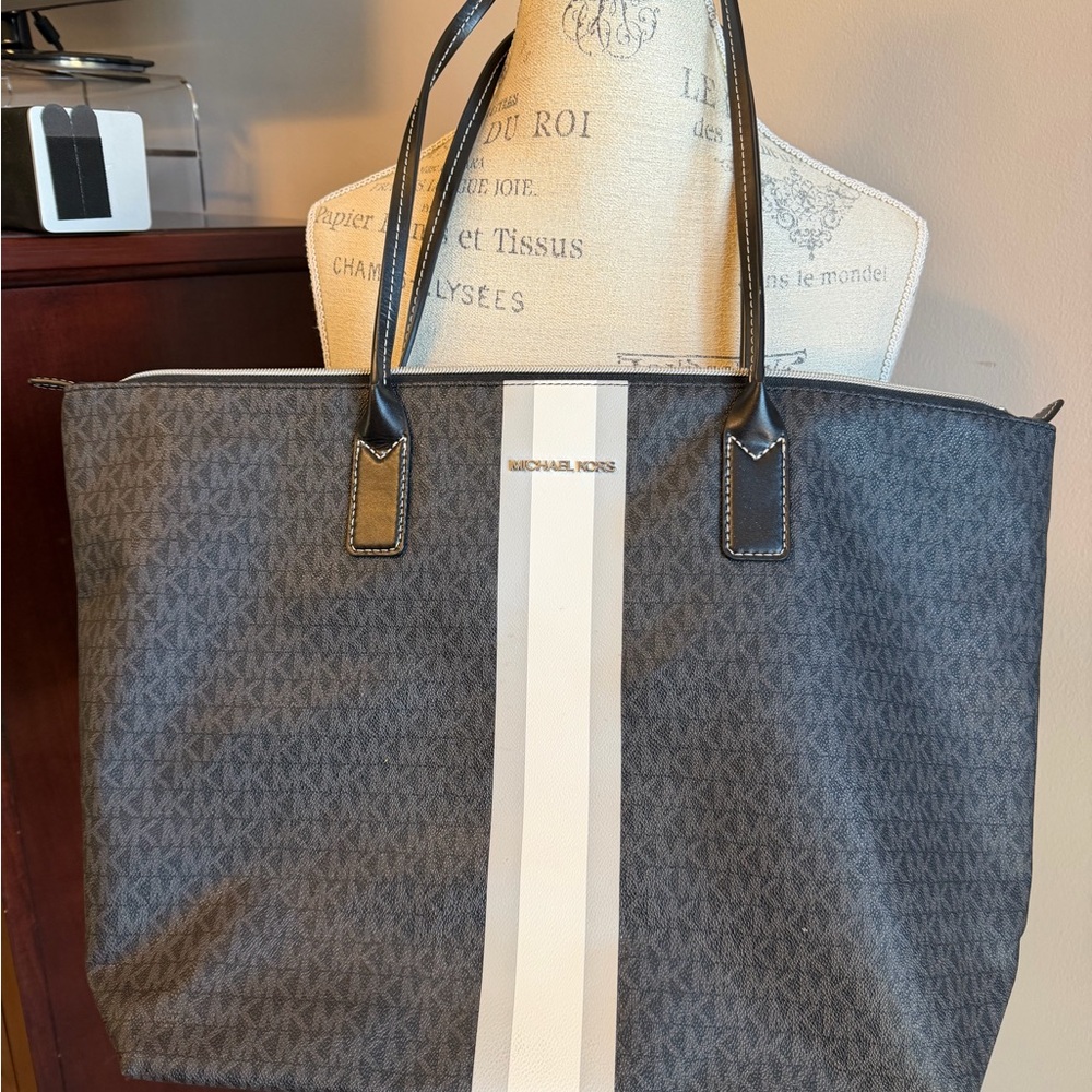 Michael Kors Brown Logo Tote with Cream Center Stripe
